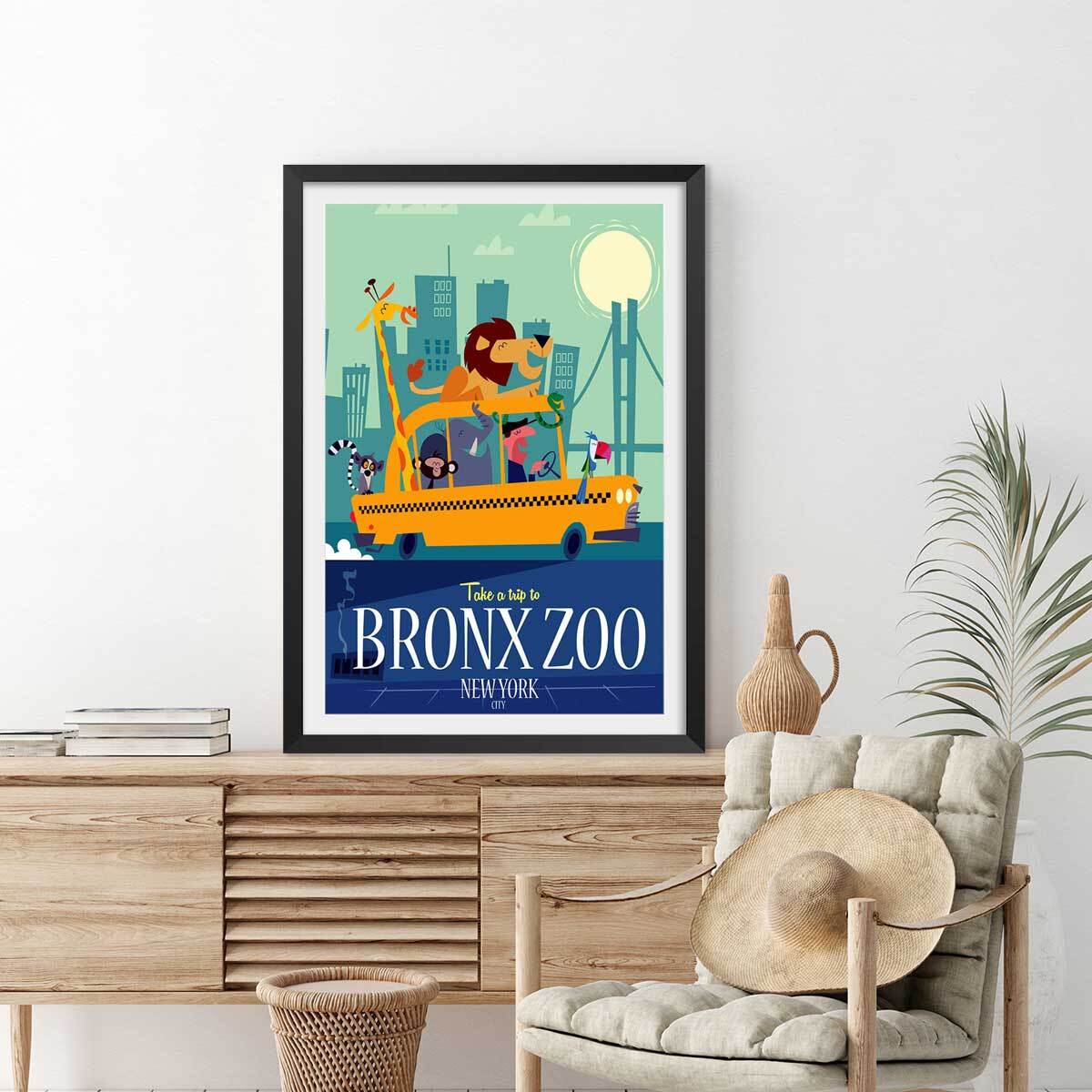 Poster retro bronx zoo Affiche sous cadre noir
