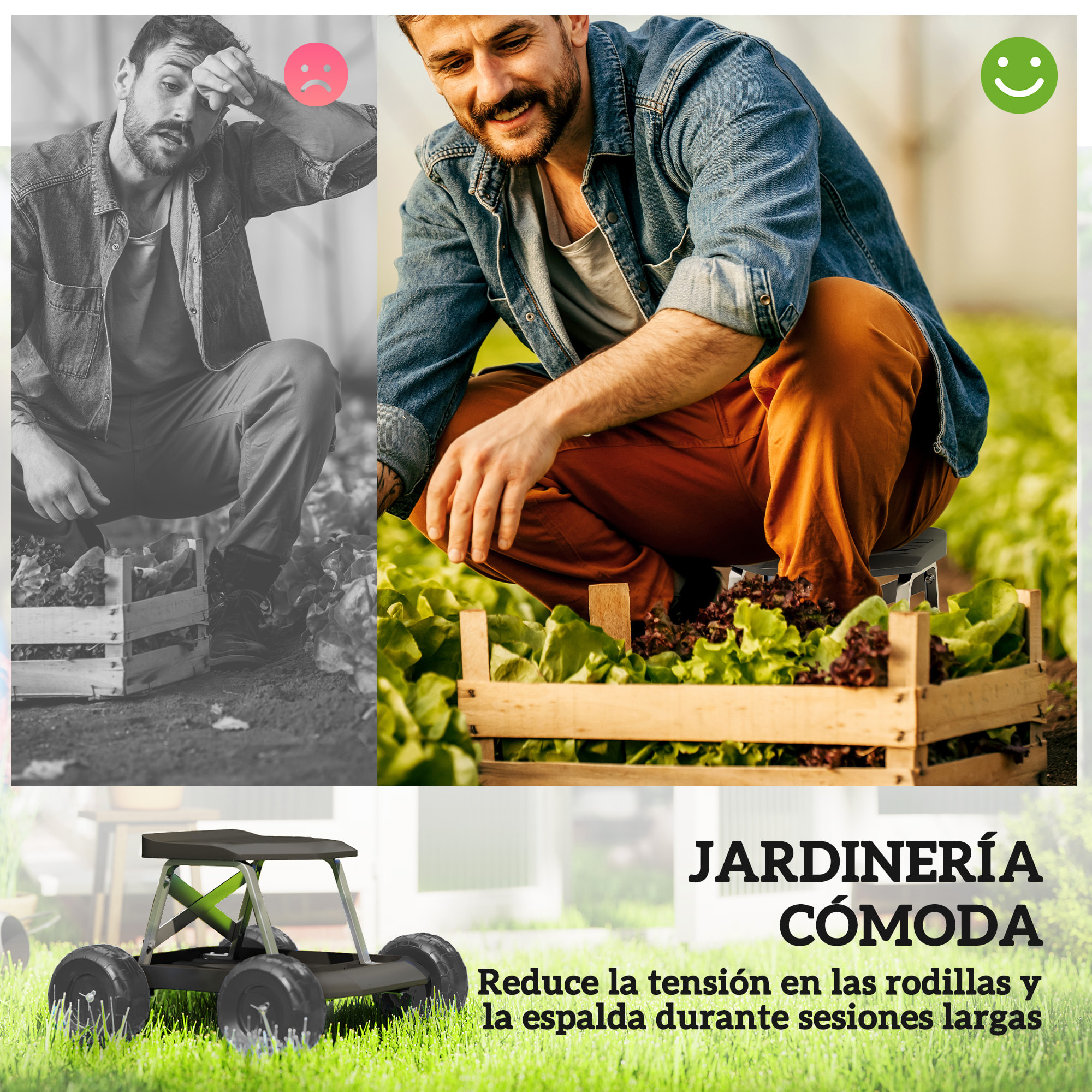 Asiento de Jardín con Ruedas Taburete de Jardinería con Bandeja de Herramientas Carrito para Trabajo Carga 130 kg para Patio Exterior Negro
