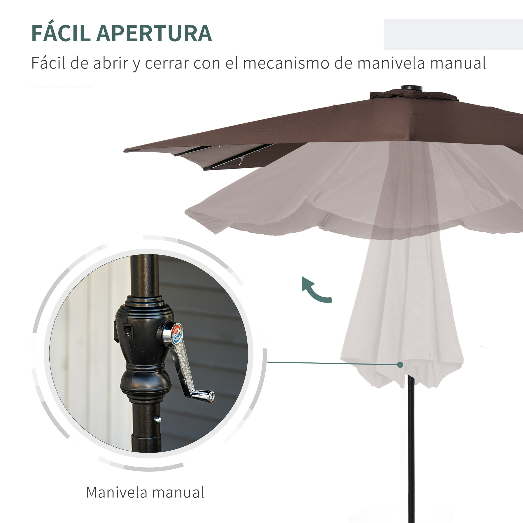 Sombrilla Terraza Exterior con Luces LED 268x205x248 cm Sombrilla de Jardín con Techo Inclinable hasta 45° Solares Poste de Acero y Manivela Parasol para Patio Terraza Marrón