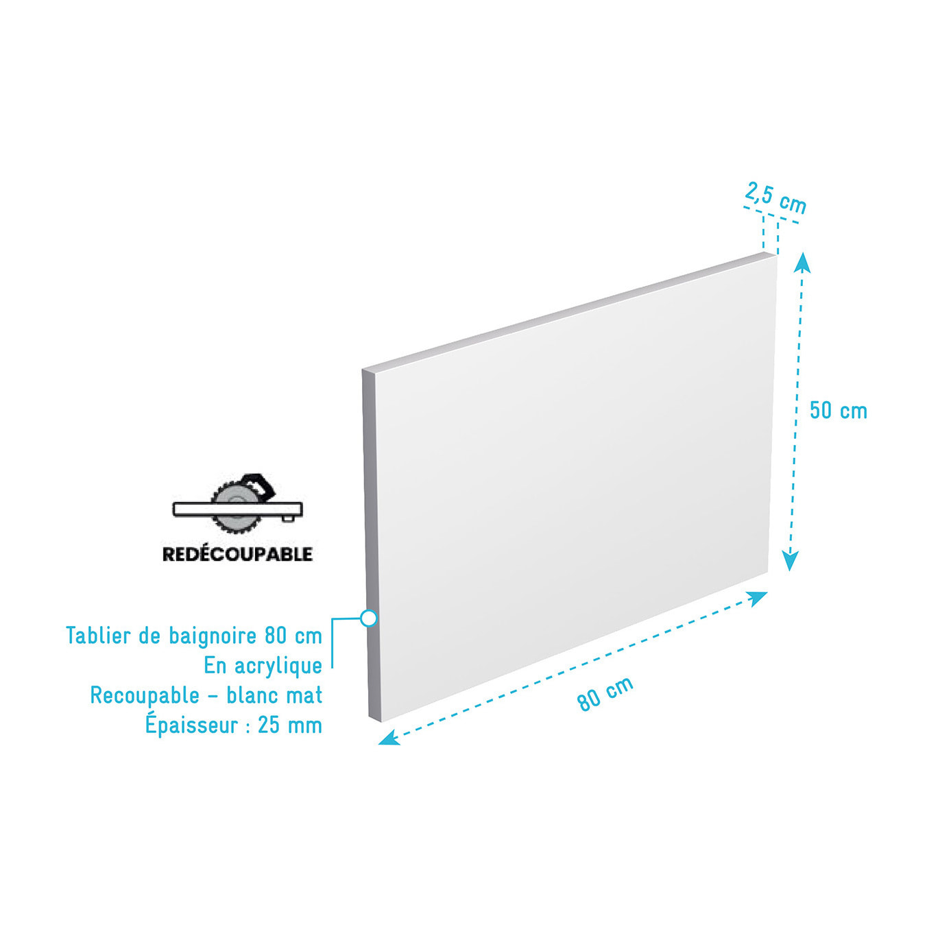 Tablier de Baignoire Blanc Mat 80x50x2.5 cm - 100% Acrylique