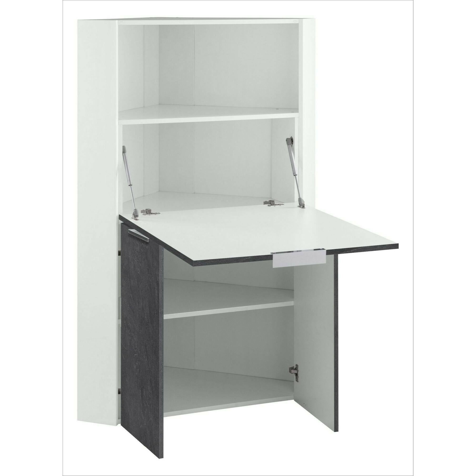 Scrivania Dcallejo, Mobile ad angolo con scaffali e piano da lavoro, Tavolo multiuso per ufficio, Scrivania salvaspazio, 100% Made in Italy, cm 70x57h140, Bianco e Ardesia