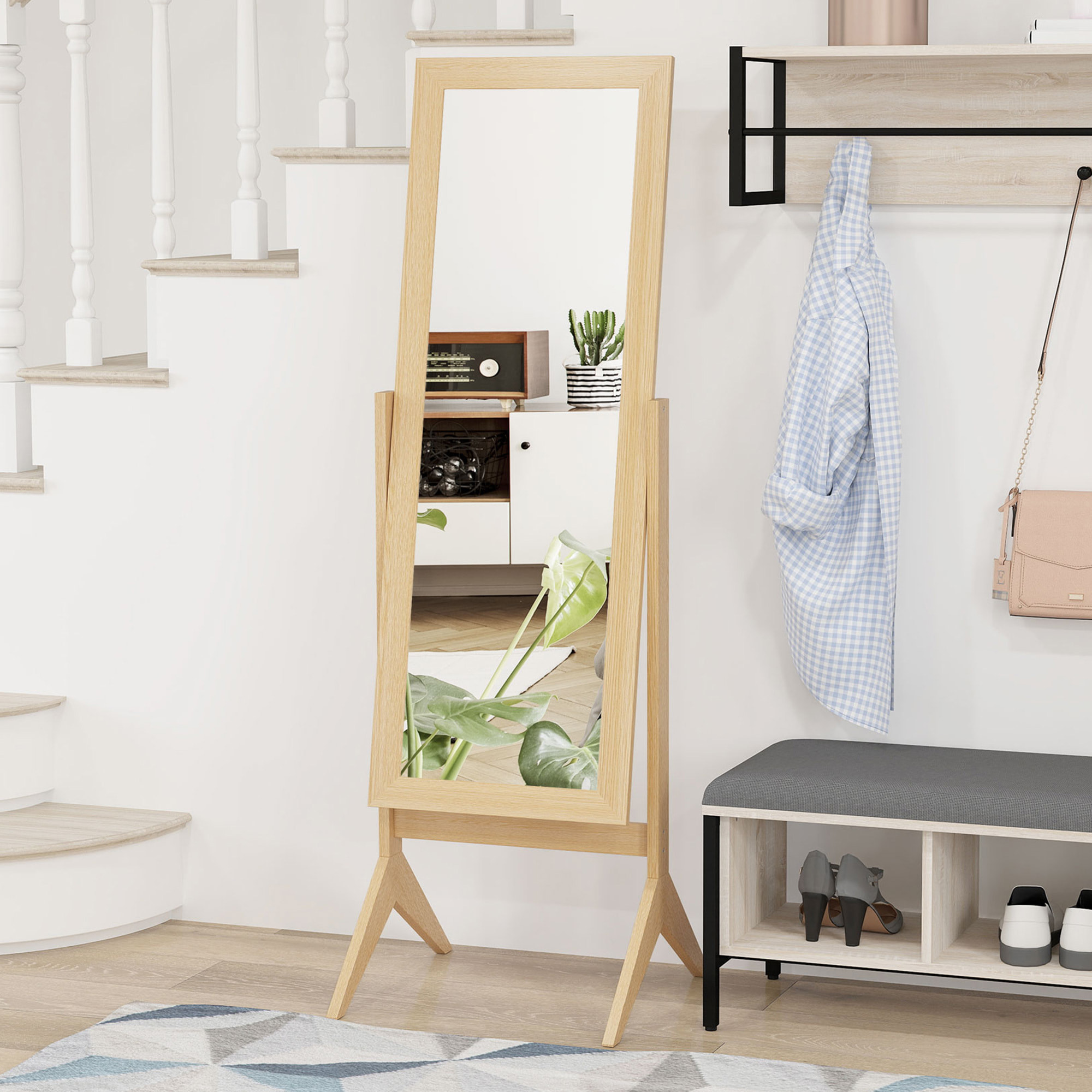 Espejo de Pie Cuerpo Entero Reclinable 47x46x148 cm, Espejo de Cuerpo Entero Independiente con Soporte y Marco rectangular, Para Dormitorio, Salón, Roble