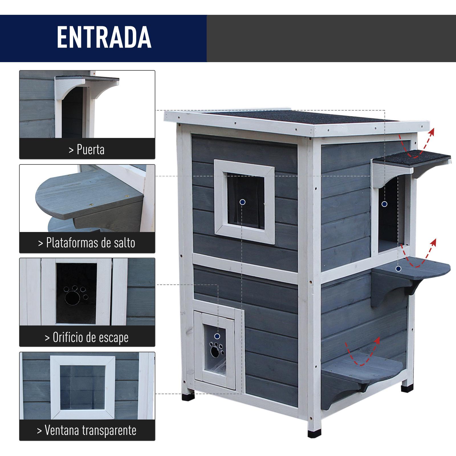 Caseta para Gatos de Madera Exterior Casa para Gatos de 2 Pisos con Techo Abrible Ventanas y 2 Plataformas para Terraza Balcón Jardín 51x51x81,3 cm Gris