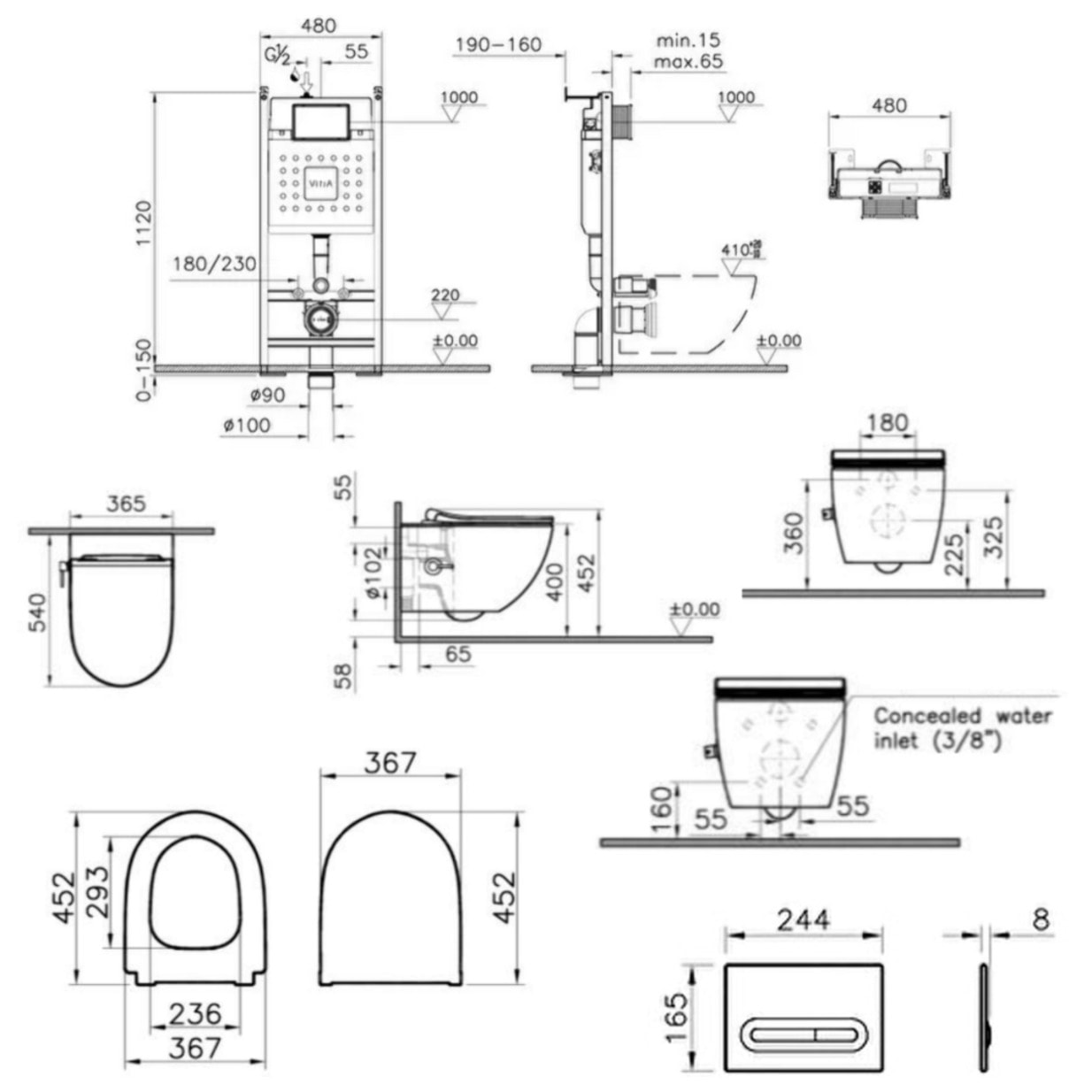 Pack WC Bâti autoportant V-Fix Core + WC SAT avec bidet thermostatique + Abattant SoftClose + Plaque noire mat (VFTFSATCL6)