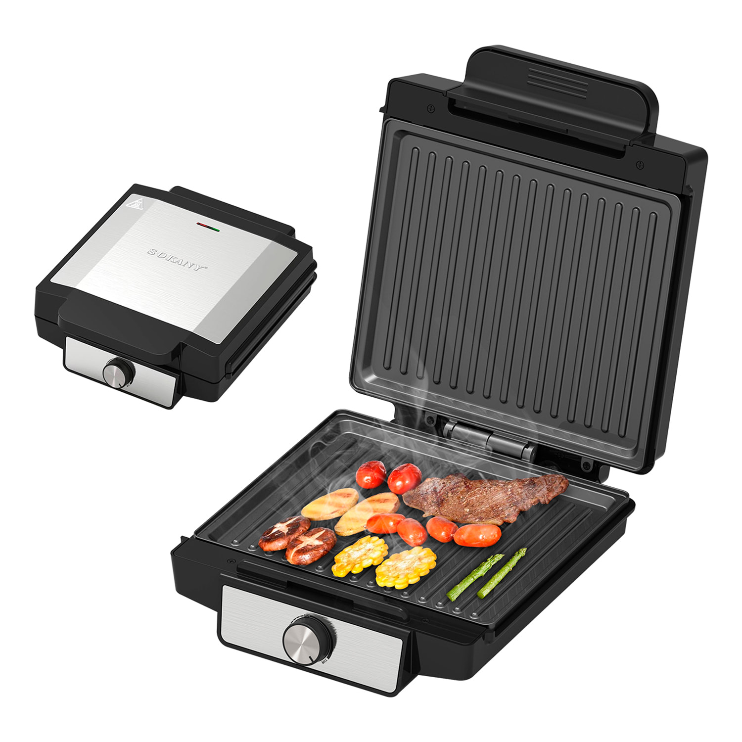 Plancha grill antiadherente con control de temperatura, calentamiento por ambas caras y luz indicadora.