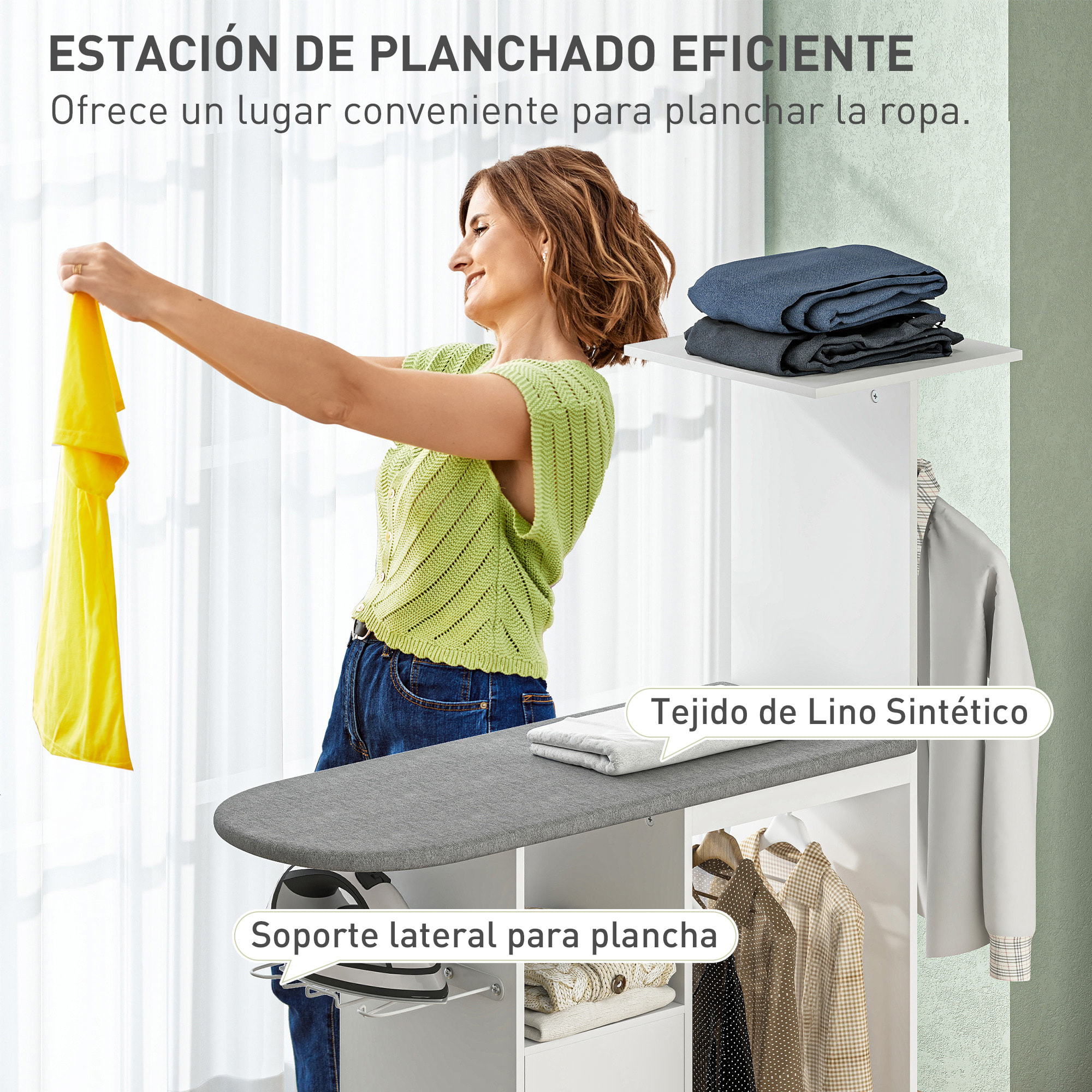 Mueble de Planchar con Ruedas y Soporte Lateral Mueble de Planchado con Tabla de Planchar Barra para Ropa Estante Ajustable 127,5x43,5x153 cm Blanco