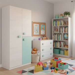 Armadio Armadietto Per Cameretta E Camera Da Letto Mobile Mobiletto Guardaroba Compatto Barra Appendiabiti 200 x 90 x 52 Cm Bianco Alpi e Verde Acqua