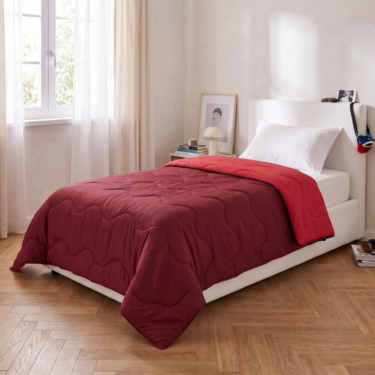 Trapunta invernale bicolor Made in Italy in microfibra di poliestere - Bordeaux/Rosso
