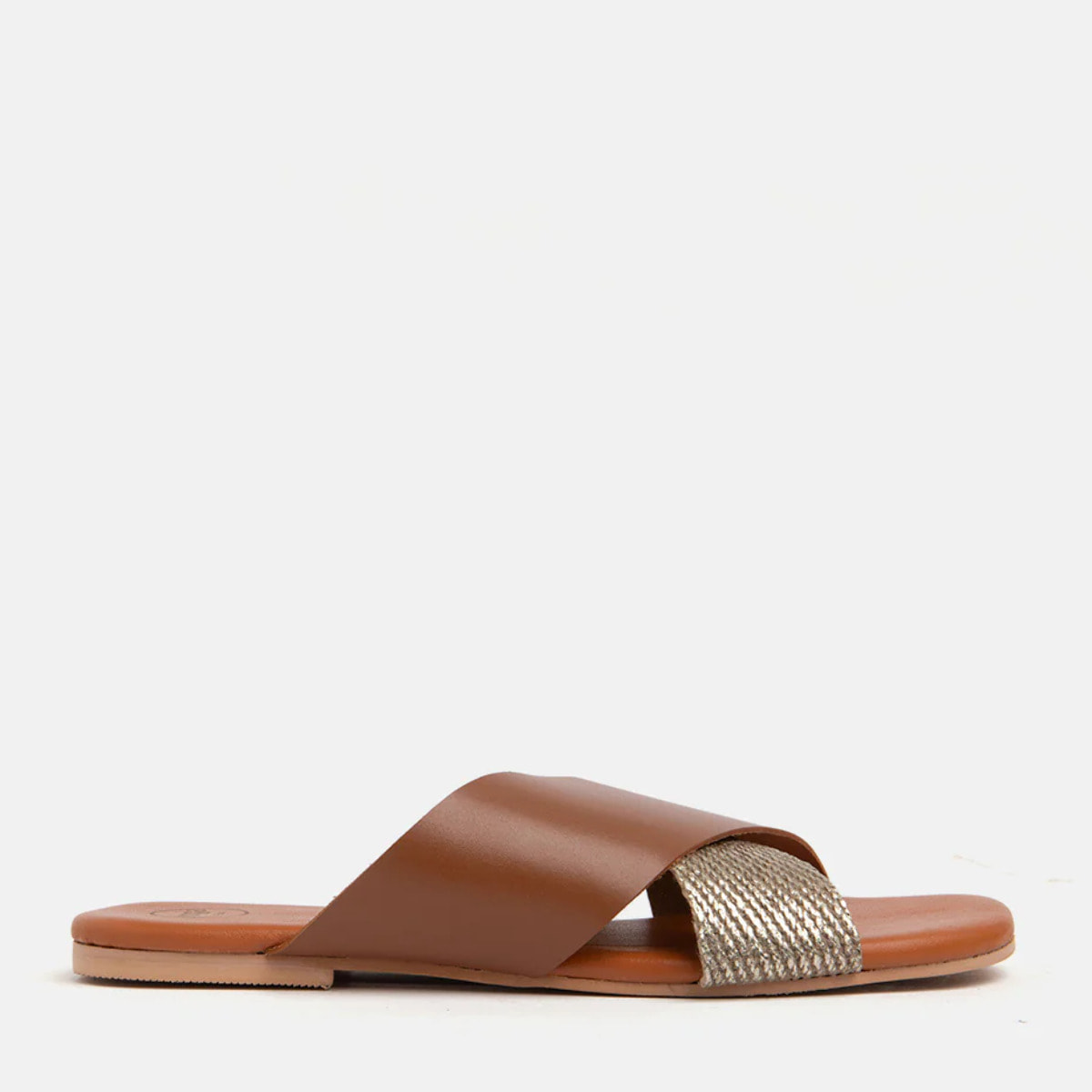 Ciabattina in vera pelle con fascia larga in oro - CUOIO