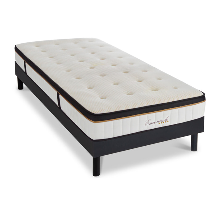 Ensemble EMERAUDE | 1 Place | Matelas Mémoire de Forme avec Sommier Kit Bois Noir