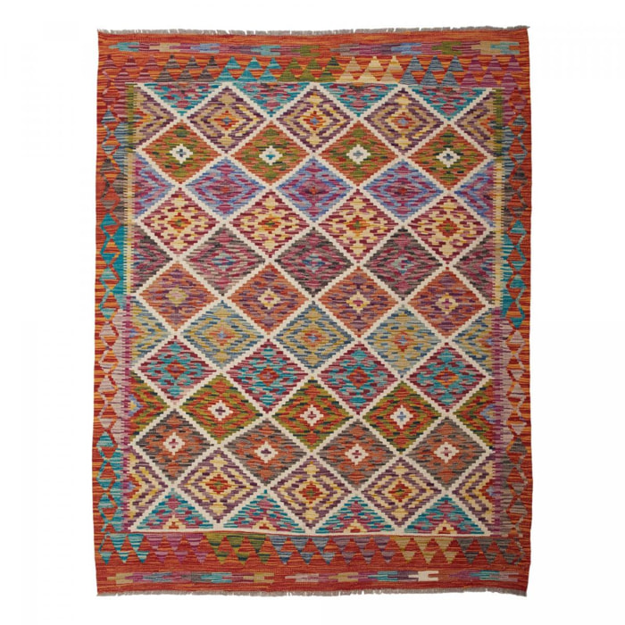 Tapis kilim géométrique, tissé à plat, artisanal en laine