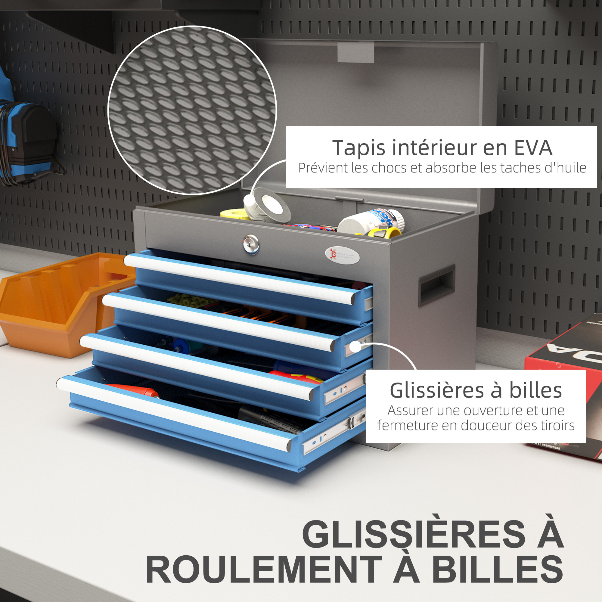 Boite à outils métallique caisse à outils - 4 tiroirs + plateau verrouillables - tapis EVA poignées tôle acier gris bleu