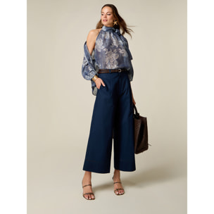 Oltre - Pantaloni palazzo cropped con ajour - Blu