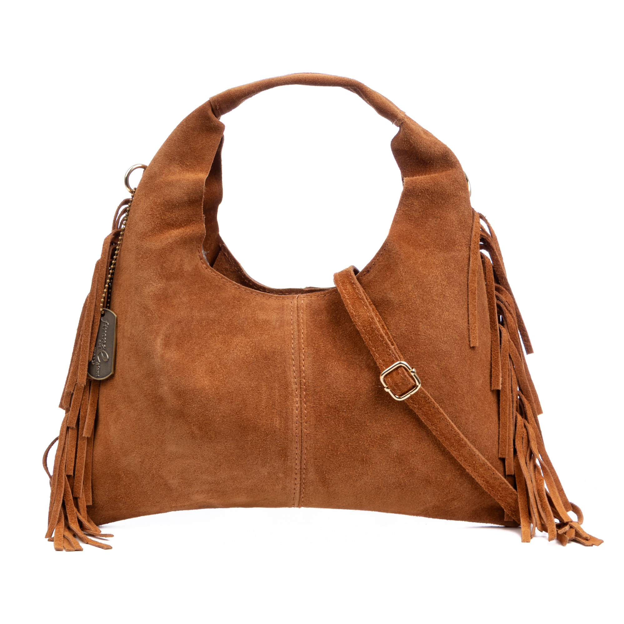 Barisciano bolso de hombro de mujer. Piel auténtica Gamuza, con flecos.