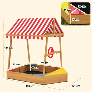 Arenero para Niños de +3 Años Arenero Infantil en Forma de Barco con Toldo y Asientos Arenero para Exterior 133x101x141 cm Natural