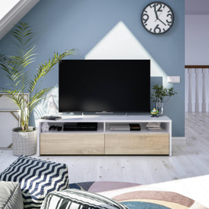 Mobile porta TV Henderson, Credenza per televisione da soggiorno con 2 ante, Supporto TV, Buffet moderno basso da salotto, cm 130x40h36, Bianco lucido