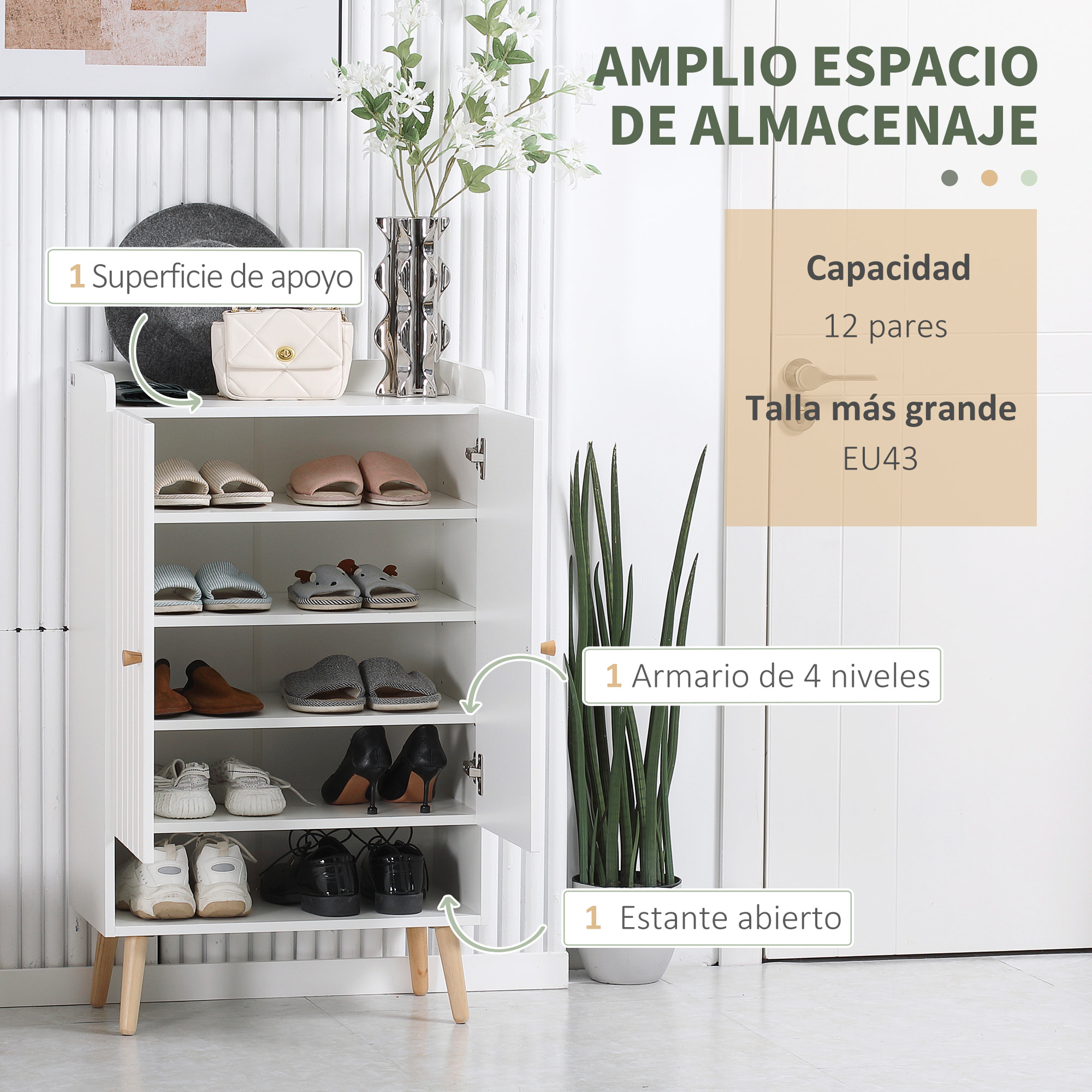 HOMCOM Mueble Zapatero con 2 Puertas Armario de Zapatos con Estante Abierto y Estantes Ajustables para 15 Pares de Zapatos para Pasillo Entrada 60x33x100 cm Blanco