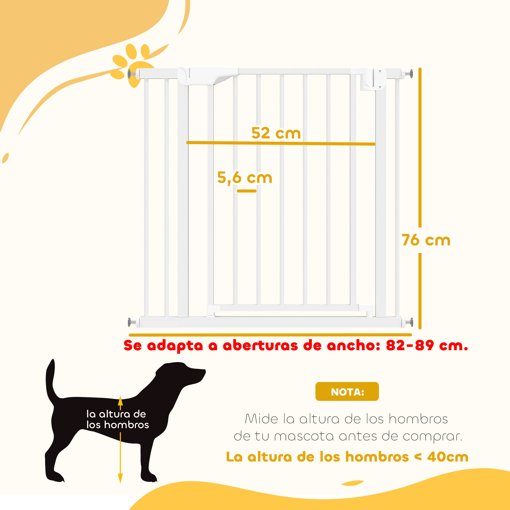 Barrera de Seguridad para Niños y Perros, Extensible 76-89 cm, Puerta para Perros, Bloqueo Doble, Cierre Automático, Apertura Dos Sentidos, Montaje a Presión, Extensión 7 cm, Blanco