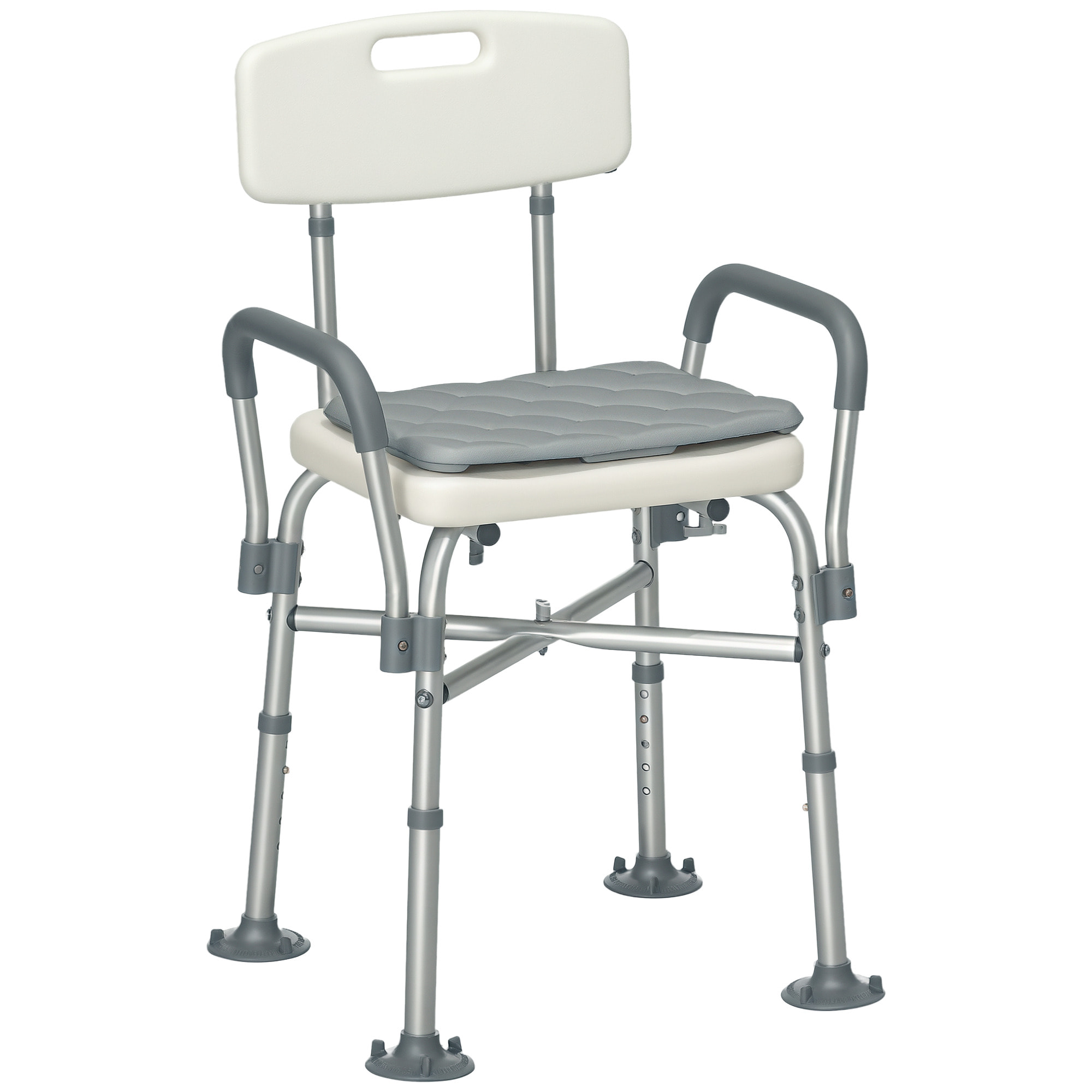 Chaise de douche réglable avec accoudoirs dossier coussin alu HDPE gris blanc
