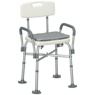 Chaise de douche réglable avec accoudoirs dossier coussin alu HDPE gris blanc