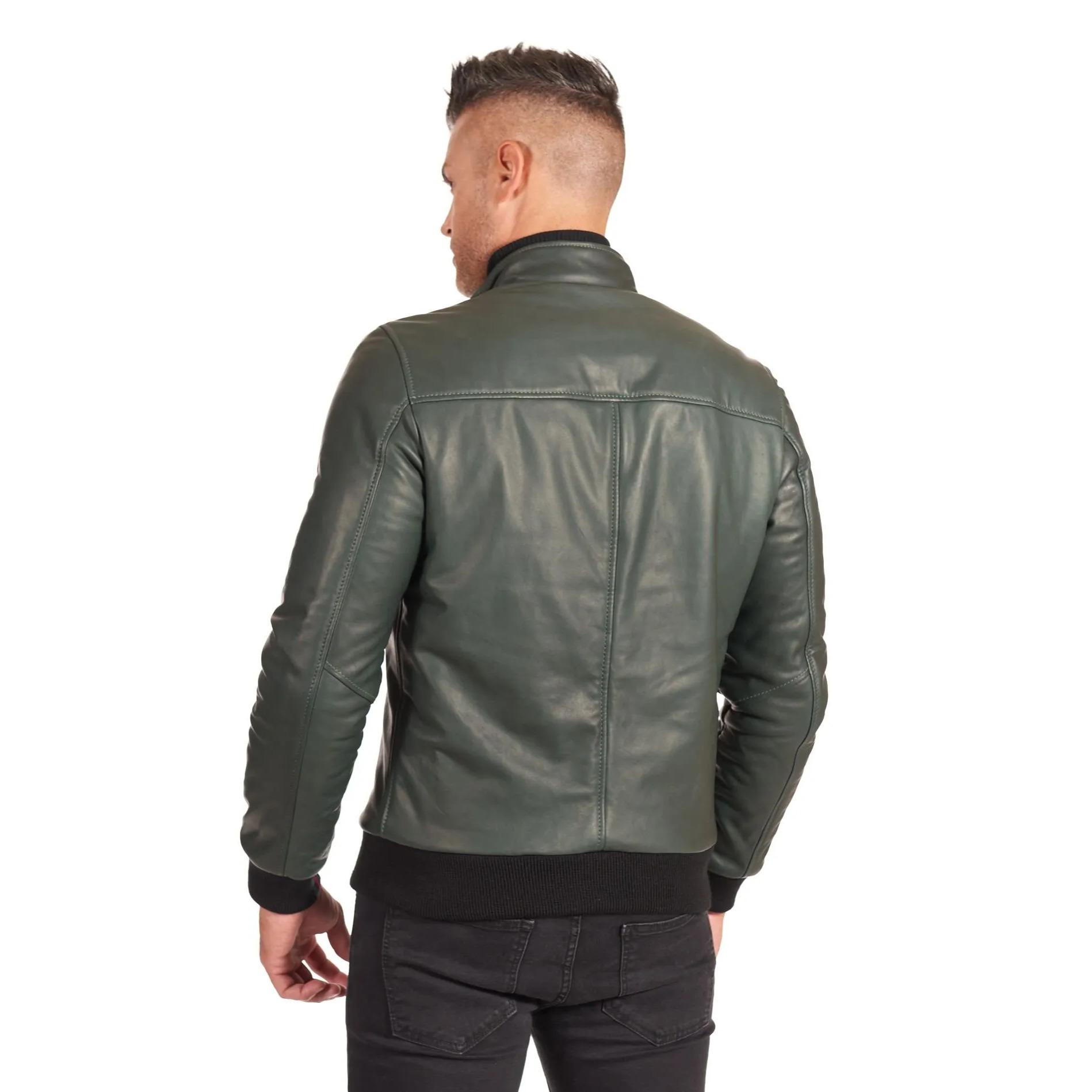 Giubbotto Bomber in pelle verde naturale effetto liscio