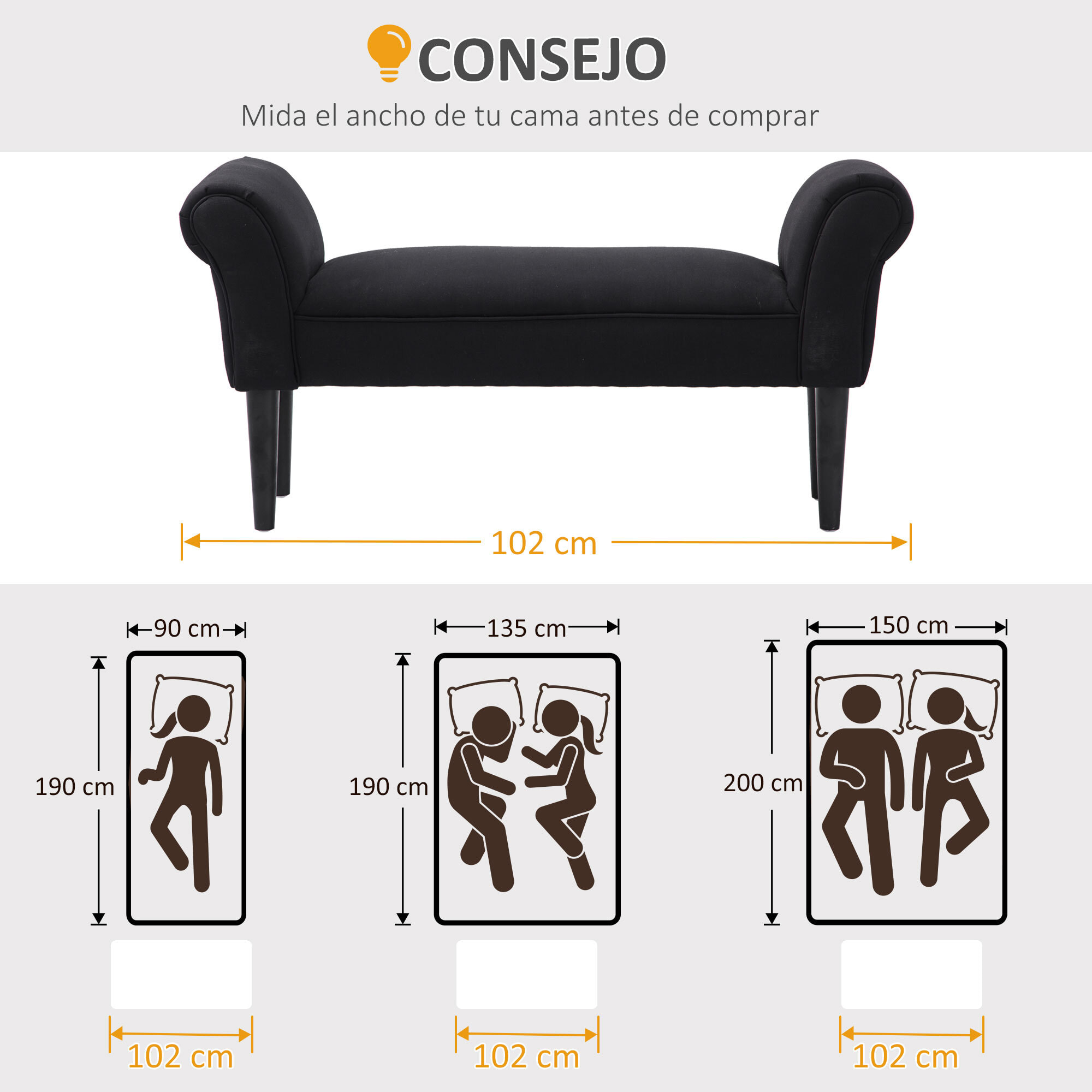 Taburete Pie de Cama con Brazos de Madera 102x31x51cm Negro