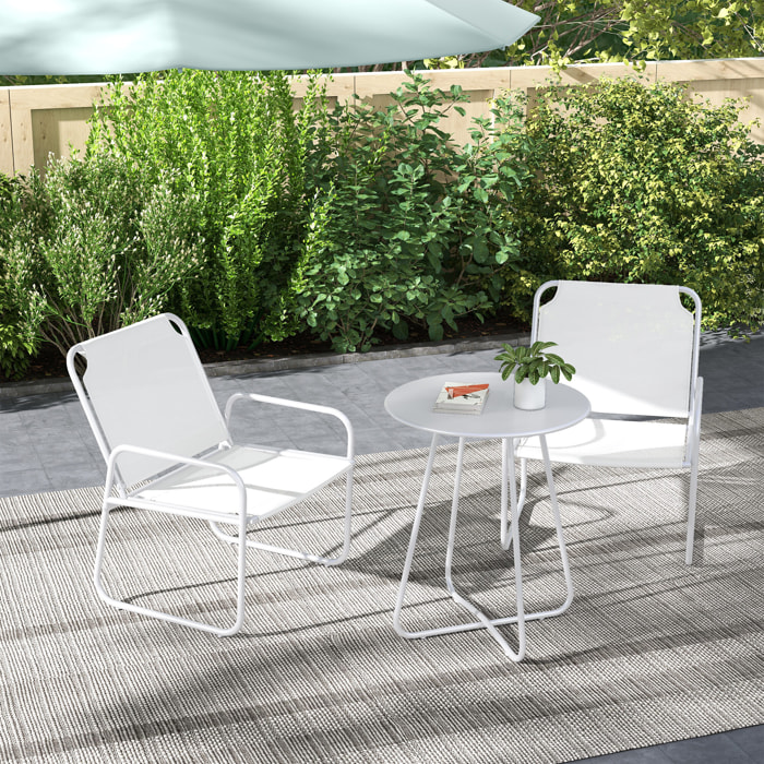 Conjunto de Muebles de Jardín Juego de 1 Mesa Redonda y 2 Sillas de Terraza con Marco de Acero Reposabrazos y Almohadillas Ajustables para los Pies para Balcón Patio Blanco