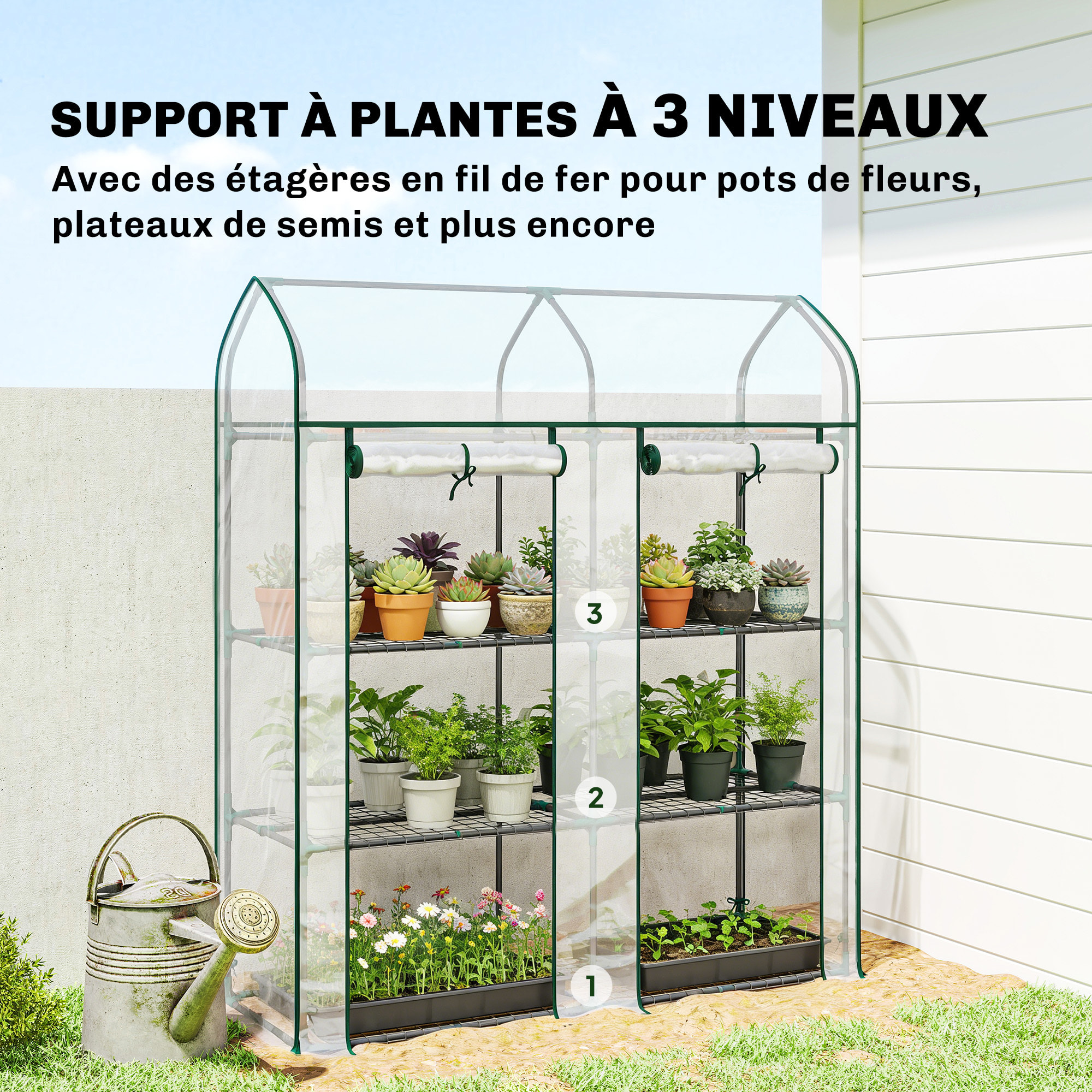 Serre de jardin étagères 3 niveaux châssis acier bâche PVC transparent