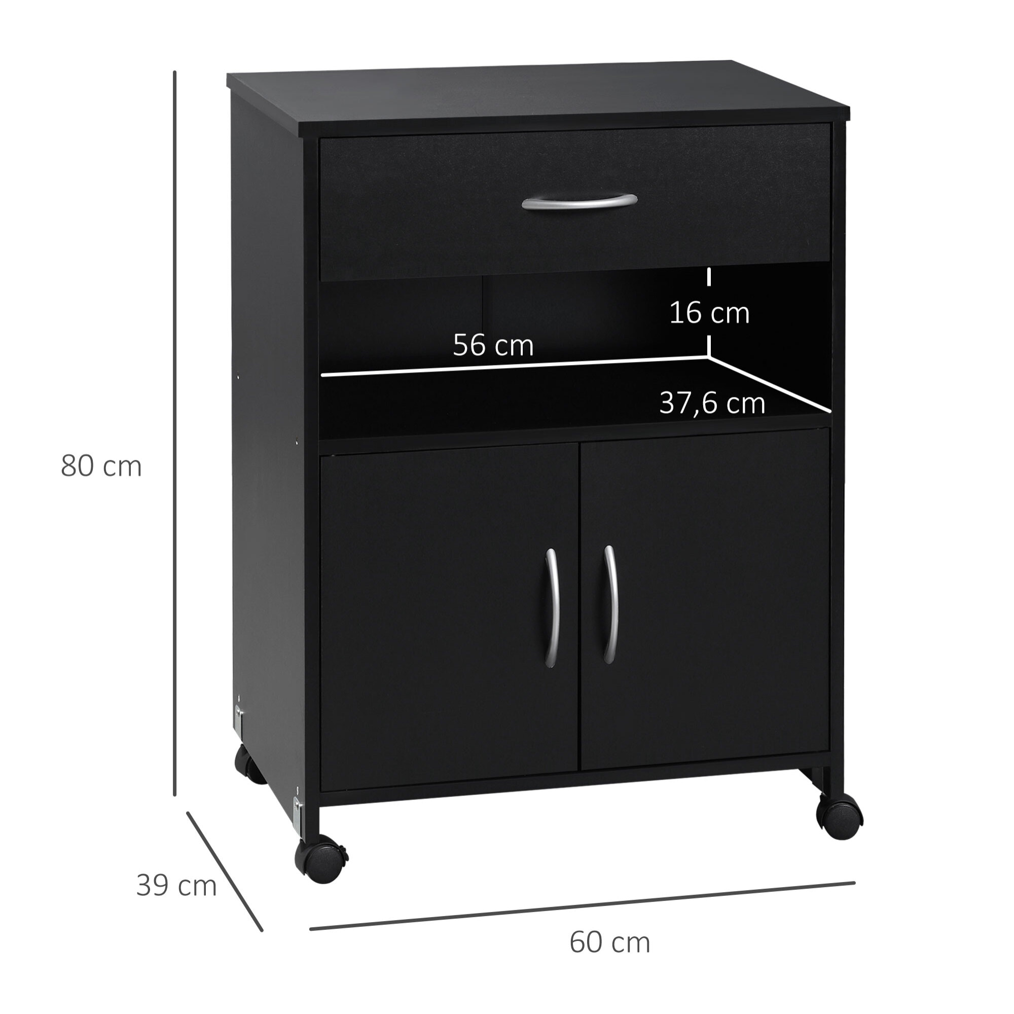 Armario para Impresora Soporte para Impresora con Ruedas Mueble Impresora con Cajón 2 Puertas y Compartimiento Abierto para Salón Oficina Estudio 60x39x80 cm negro