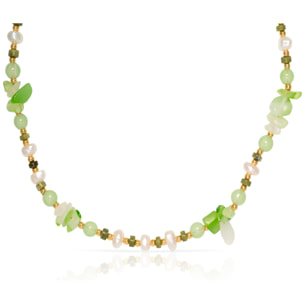 Collar de ágata verde y perlas naturales, con cierre de mosquetón.