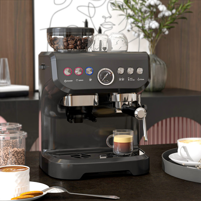 HOMCOM Cafetera Espresso 15 Bares 1600W con Molinillo de 15 Niveles, Vaporizador de Leche, Depósito Agua 2L y Grano 150g, 1 o 2 Tazas, Calientatazas, para Capuchino y Latte, Acero Inoxidable, Negro
