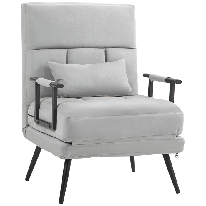 Fauteuil chauffeuse canapé-lit convertible 1 place coussin pieds accoudoirs métal noir velours gris clair