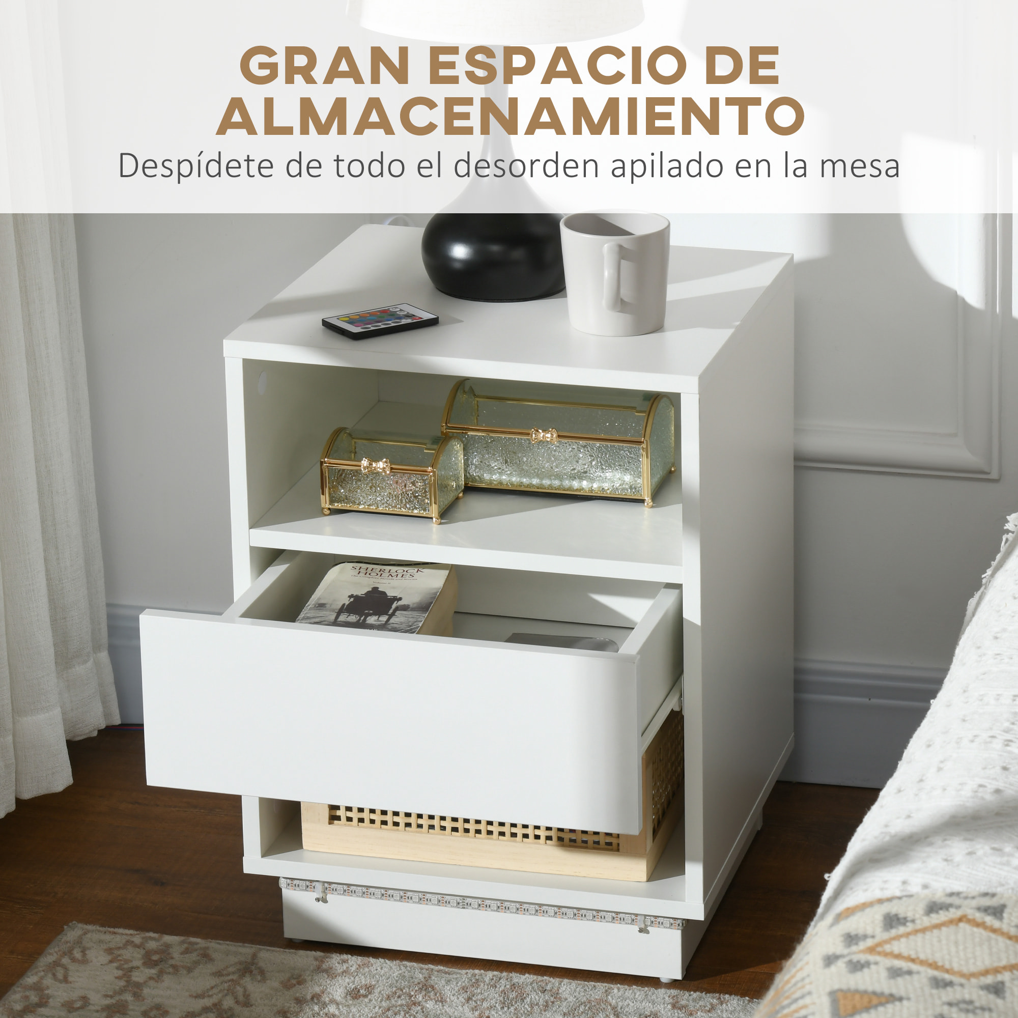 Mesita de Noche Moderna con Luz LED Mesilla de Noche con Mando a Distancia Cajón de Alto Brillo y 2 Estantes para Salón Dormitorio 40x40x55 cm Blanco