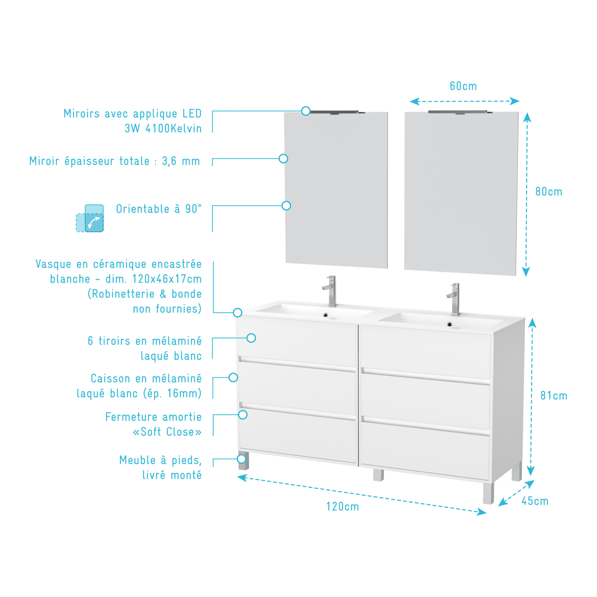 Meuble Salle de Bains 120 cm Laqué Blanc 6 Tiroirs, Vasque, Miroirs 60x80 et Réglettes Led - XENOS