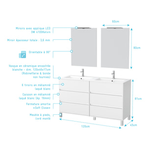 Meuble Salle de Bains 120 cm Laqué Blanc 6 Tiroirs, Vasque, Miroirs 60x80 et Réglettes Led - XENOS