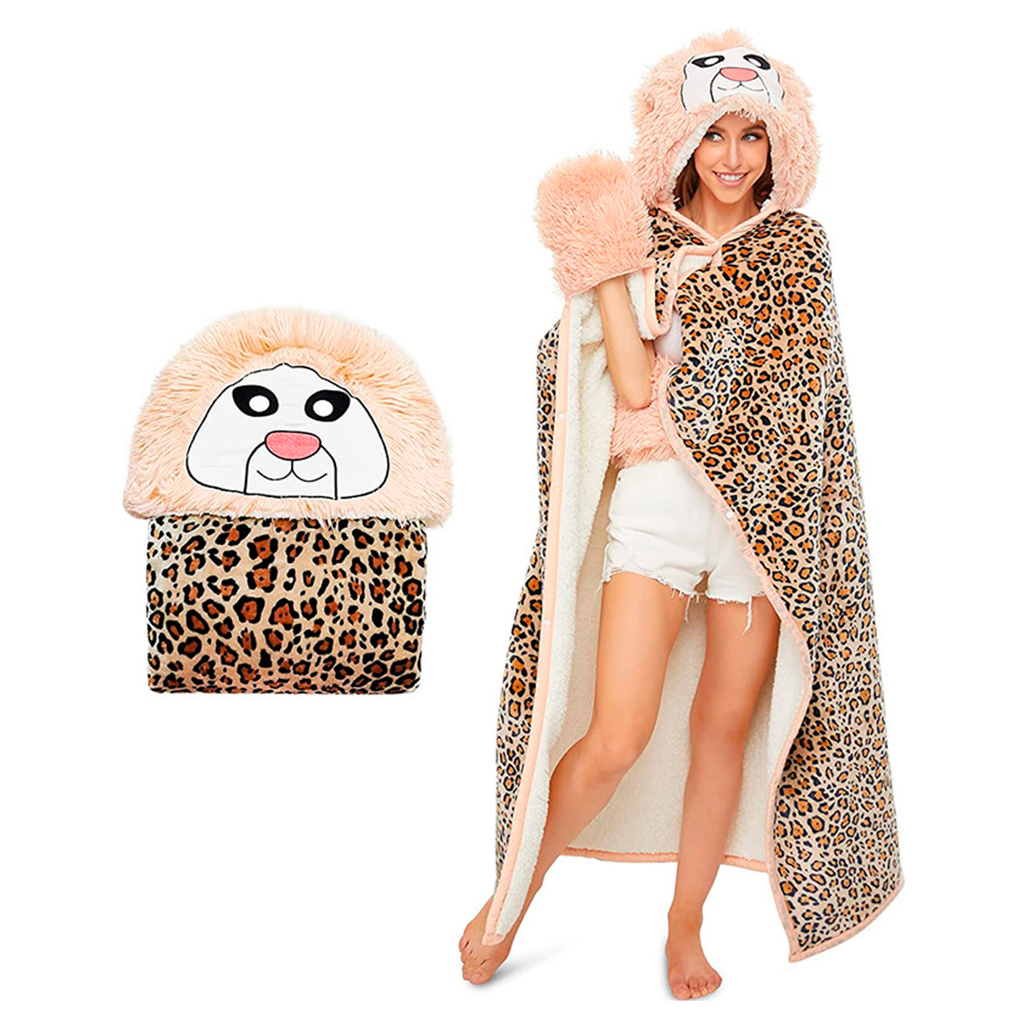 Accappatoio adulto con cappuccio design leopardo. 120x152 cm.