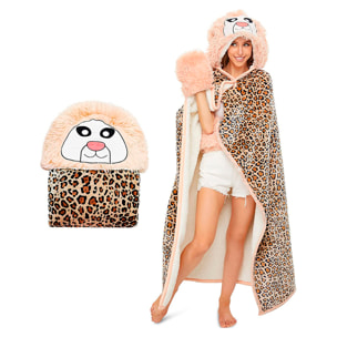 Accappatoio adulto con cappuccio design leopardo. 120x152 cm.