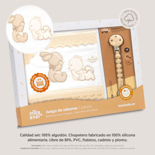 Triptico Cuna Guipur Oso Tumbado Conejito + Broche Bco/Beig