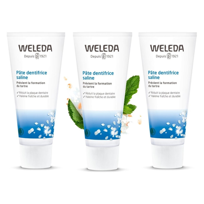 WELEDA - Trio Pâte dentifrice saline - Prévient la formation du tartre - Certifié Natrue** -Tube 75 ml  x 3