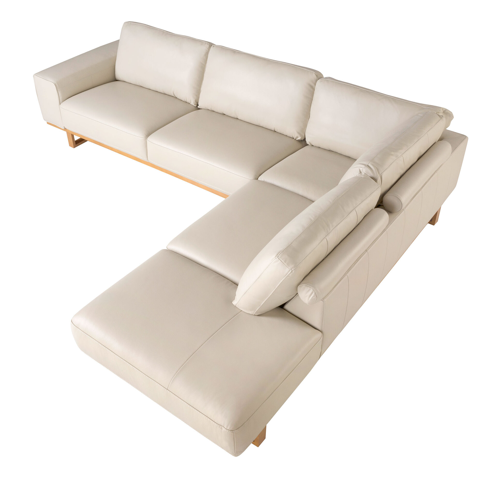 Sofá rinconera derecha de 5 plazas tapizado en piel de origen vacuno en arena patas de madera en miel 316x252x82cm