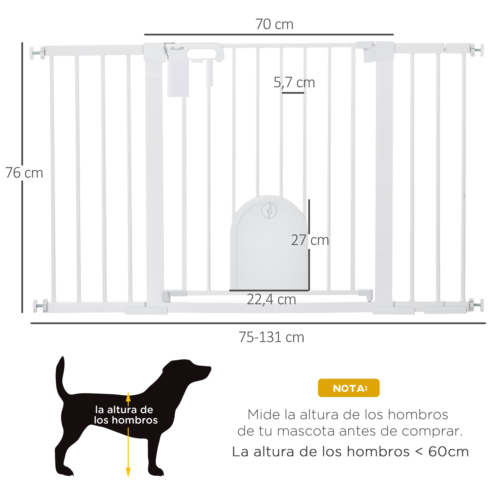 Barrera de Seguridad para Perros Extensible 75-131 cm, para Puertas y Escaleras, Barrera para Perros con Puerta Pequeña, 3 Extensiones, Montaje a Presión y Doble Bloqueo, Blanco