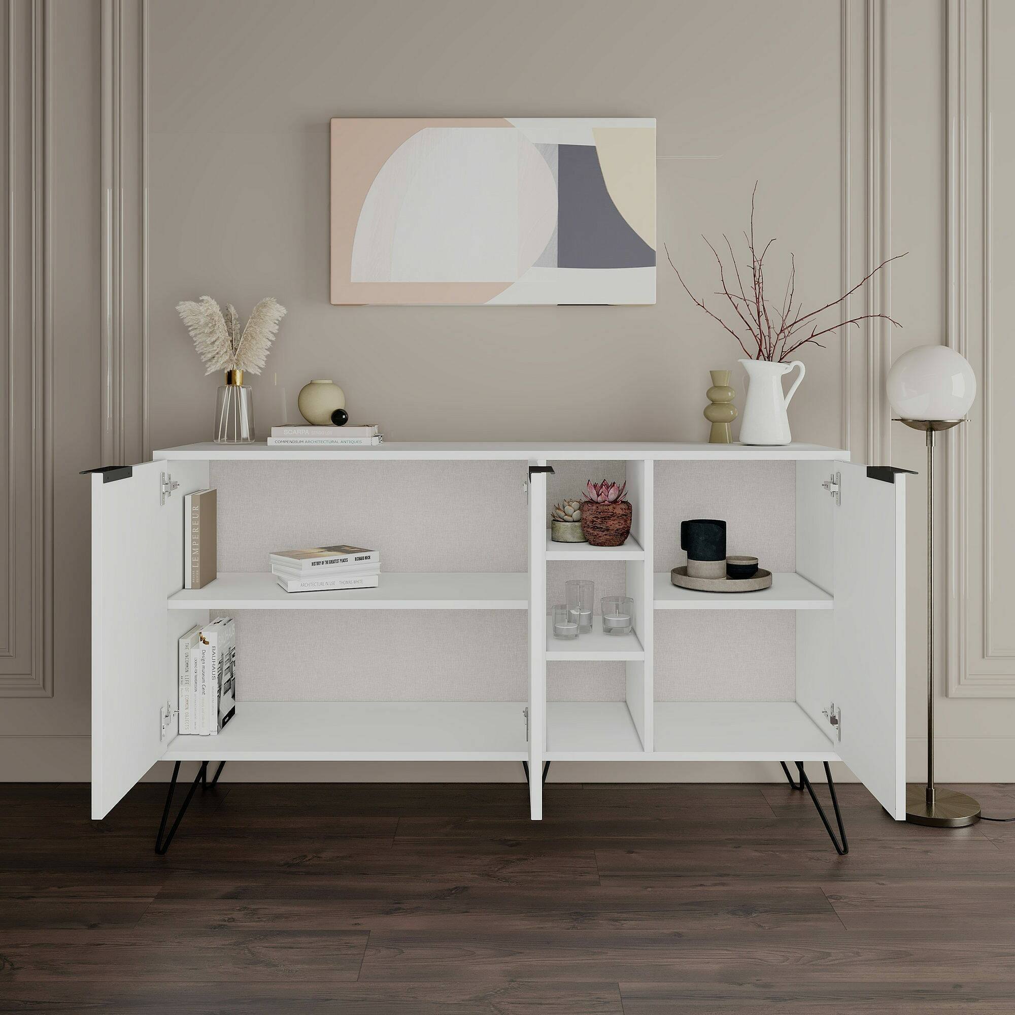 Credenza Dpenz, Buffet da soggiorno, Madia da salotto, Dispensa da cucina, 142x36h83 cm, Bianco