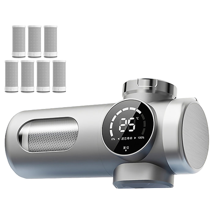 Purificador de agua 718 para grifo con pantalla inteligente, filtro antical y de cloro, sistema de filtración multicapa, doble salida y tecnología UV antibacteriana. Incluye 8 filtros.
