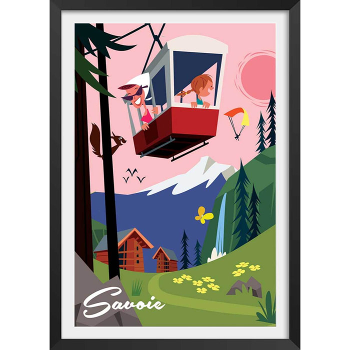 Poster retro savoie ou bien ! Affiche + cadre en bois - Noir