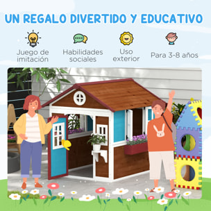 Casa de Jardín Infantil Casa de Madera para Niños con Puerta Ventanas Jardineras y Soportes de Flores 114x126,4x135 cm Marrón Oscuro