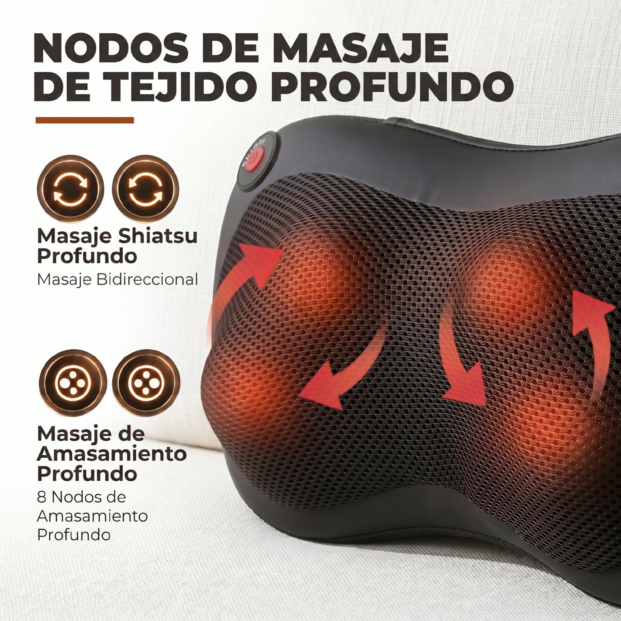 Cojín de Masaje Shiatsu con Calor y 4 Nodos, Amasado Giratorio 3D Masajeador de Cuello y Espalda, Alivio de la Fatiga Muscular Regalo para Mujer y Hombre en Casa, Oficina y Coche