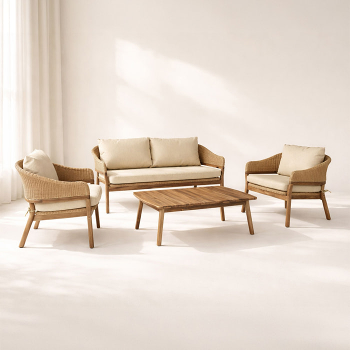 Salon de jardin en bois d'acacia et résine tréssée beige 4 places ALHAMBRA