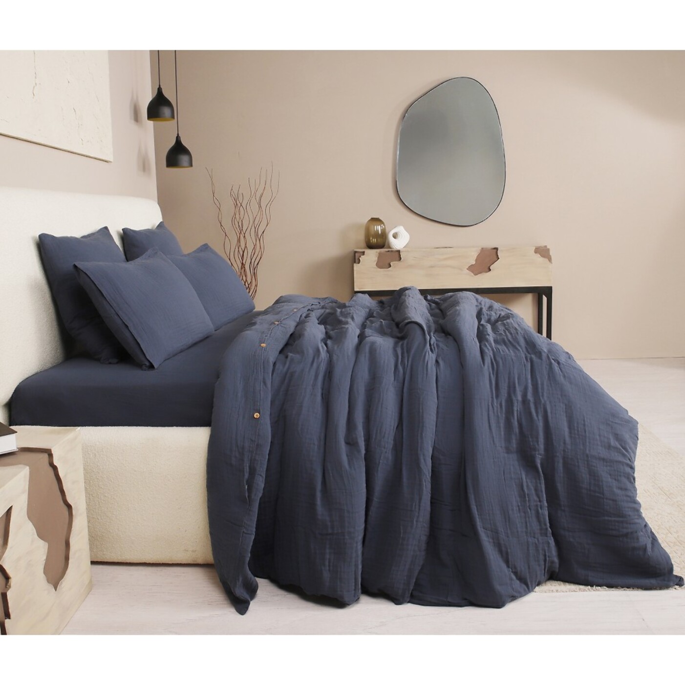 Parure housse de couette gaze de coton lavé bleu petrole