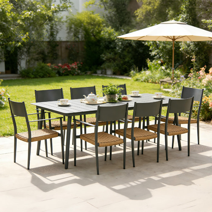 Ensemble table de jardin 200 cm et 8 fauteuils gris foncé effet rotin BRADDON