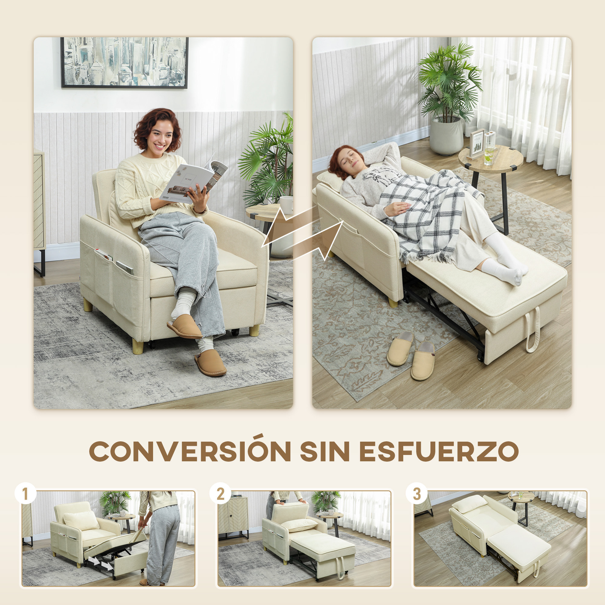 Sofá Cama de 1 Plaza 3 en 1, Sofá Cama Plegable Tapizado en Terciopelo Ecológico con Respaldo Ajustable 3 Niveles, 6 Bolsillos Laterales y Almohada, para Dormitorio, Salón, 74x85,5x82 cm, Beige